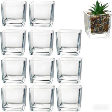 Imagem de 12 vasos quadrados de vidro para centros de mesa, vaso de vidro curto transparente de 8 cm, suporte de vela para centro de mesa de casamento, decorações de escritório, decoração de casa, festas