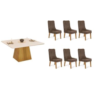 Imagem de Conjunto: Mesa Sala Jantar Itália c/ Tampo Madeirado c/ Vidro Curvo 136x136cm e 6 Cadeiras Jade Cedro/Off White - Suede Moca - DJ Móveis