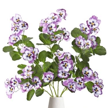 Imagem de MEIVINES Flores artificiais, 3 peças, flores de amor-perfeito, flores falsas de seda realistas para decoração, flores de primavera, plantas para vaso doméstico, decoração de mesa de buquê de casamento