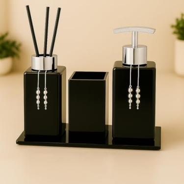 Imagem de Kit de Lavabo com Frascos Vazios - Sabonete Líquido, Aromatizante, Porta-Escovas e Bandeja, Funcional para Banheiro Doméstico (Preto Total C/Prata)