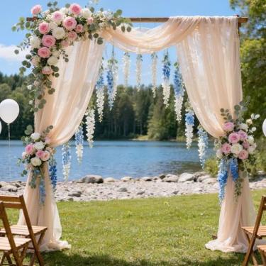 Imagem de SAYUAN Tecido drapeado de arco de casamento, 1 painel 152 x 800 cm champanhe lenço transparente tecido chiffon para cerimônia de casamento, recepção, arbor, palco, decoração de teto