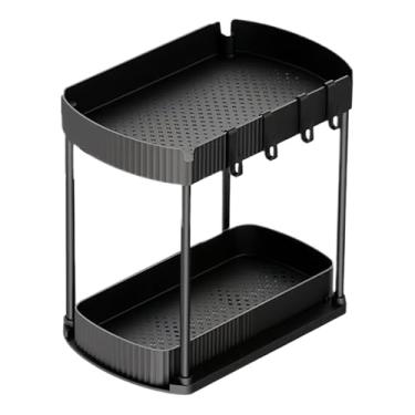 Imagem de Organizador De Armário Inferior - Prateleira Extensível de 2 Níveis - Organizador Para Debaixo Da Pia Do Banheiro Com 4 Ganchos | para Casa Cozinha Lavandaria Armário Gavetas