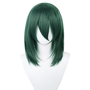 Imagem de Perucas verde-escuras para cosplay uivo, peruca sintética, comprimento médio, para festa diária de Halloween com boné