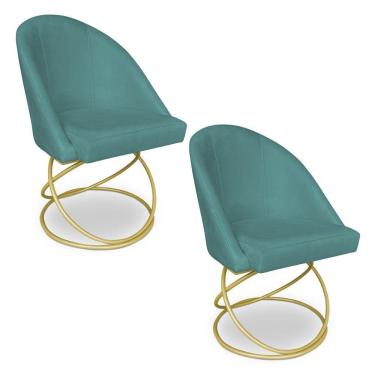 Imagem de Kit 02 Cadeiras Poltrona De Jantar Bela Suede Base Metálica Luxo Dourado - Pallazio Cor Azul Turquesa