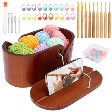 Imagem de Tigela oval de fio de madeira com tampa, tigela de crochê feita à mão com 9 peças de ganchos de tricô e acessórios de tricô, tigelas grandes de fio de madeira acácia, armazenamento de lã para amantes