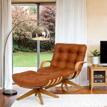 Imagem de Poltrona Courino Com Braço + Puff Giratória Base Reforçada Caramelo