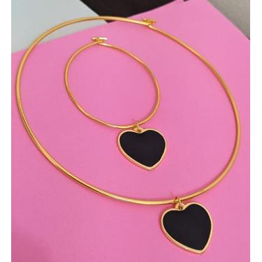 Imagem de Kit Conjunto Colar e Pulseira Elo Aro com Pingente Medalha Coração Lis