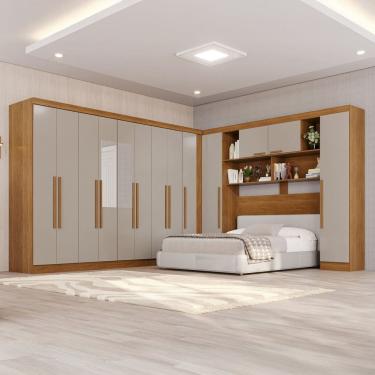 Imagem de Guarda-roupa de Canto com Espelho Modulado 11 Portas 4 Gavetas Portugal Cinamomo/Off-White