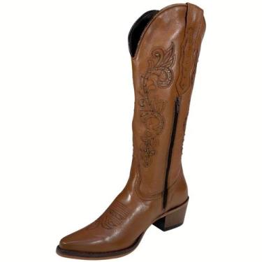 Imagem de Bota Country Feminina Couro Cano Alto Bordada Tachas Marrom - Nashvill