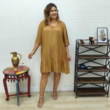 Imagem de Vestido Curto Indiano Manga Curta com Bordados Plus Size - Sarat Moda 