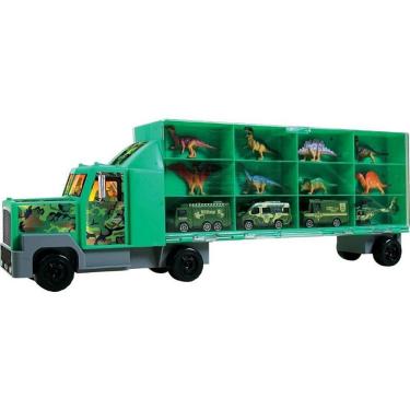 Imagem de Caminhão de Brinquedo Dino Cart com 12 Peças 3 Carrinhos 1 Helicóptero e 8 Dinossauros Braskit