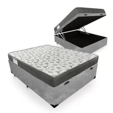 Imagem de Cama Box com Baú Casal Espuma Macia Acoplada Suede Cinza Abertura Pneumática 138CM 188CM 10CM