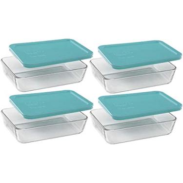 Imagem de Pratos de armazenamento de alimentos de vidro transparente Pyrex Basics, 4 pratos oblongos (3 xícaras) com tampas de plástico turquesa