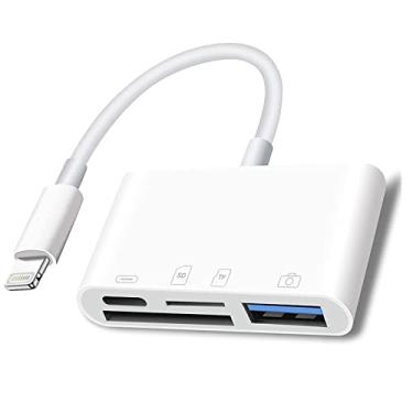Imagem de Leitor de cartão Lightning para SD – Adaptador de cartão de memória 4 em 1 para iPhone com USB fêmea OTG, compatível com cartões SD/TF. Carregamento portátil e rápido.