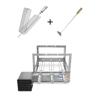 Imagem de Kit Grill Inox Churrasqueira com 3 Espetos Tridente + Espeto Grelha Espalhador Carvão - Pratic Metal