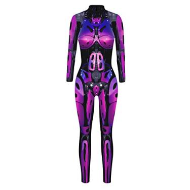 Imagem de Women Halloween Party Costume Skull Print Long Sleeve Jumpsuit Outfit Skeleton Print Bodysuit Large