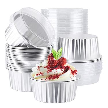 Imagem de EUSOAR Copos descartáveis para assar, 30 peças de forros de muffin de 142 g com tampas, forros de cupcake de alumínio, formas de ramequins, copos de cozimento, porta-cupcake de creme brulee de folha