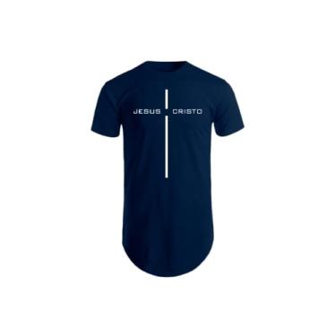 Imagem de Camisa Jesus Cristo Camiseta Longline Estampas Gospel Crista (GG, Azul Marinho)