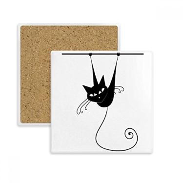 Imagem de Escalada Trilho Preto Gato Halloween Animal Quadrado Porta-copos Caneca Suporte Subplaca Pedra de Isolamento