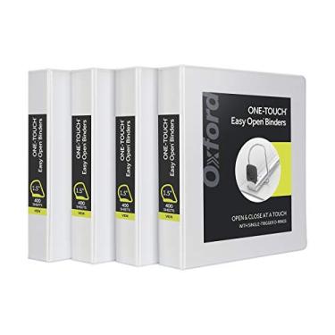 Imagem de Oxford Fichários de 3 anéis, anéis D fáceis de abrir com um toque de 3,8 cm, capas de fichário em 3 lados, dobradiça durável, antiaderente, sem PVC, branco, pacote com 4 (79906)