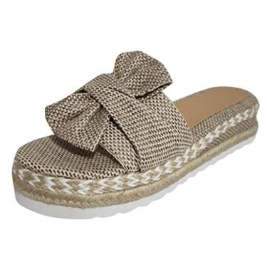 Imagem de Sandálias rasteiras femininas de verão respiráveis sandálias de tecido de praia sapatos abertos bico plano feminino (cáqui, 42)