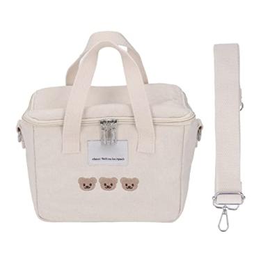 Imagem de Bolsa de Ombro para Fraldas, Pano Oxford, Bolsa de Viagem para Mãe, Portátil, Grande Capacidade, Bordado, Padrão de Urso, Com Alça, Isolação, Lancheira, Bolsa para Mamadeira (Branco)