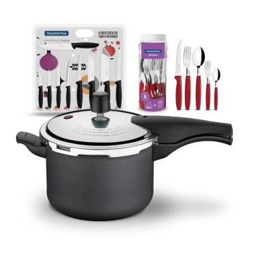 Imagem de Kit - Panela De Pressão 4,5 Grafite + 1 Faqueiro Vermelho 30pç + 1 Conjunto Facas 9pç - Tramontina