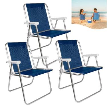 Imagem de Kit 3 Cadeira Alta Sannet Em Alumínio Para Praia Camping Piscina Azul Marinho - Mor