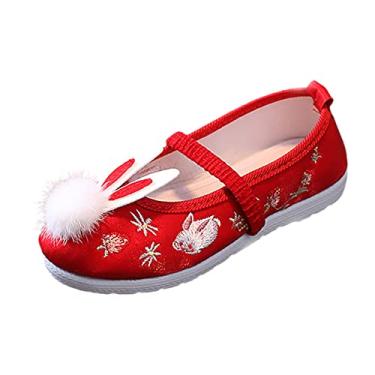 Imagem de Sandálias Wedges para meninas meninas sandálias bordadas de fundo plano moda fantasia antiga chinelos infantis com pompom, Vermelho, 1.5 Little Kid