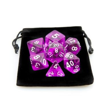 Imagem de Kit 7 Dados RPG de Mesa Translucido Acrilico Conjunto D4 D6 D8 D10 D10% D12 D20 Cor ROXO + 1 Dice Bag