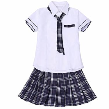 Imagem de ZUYPSK Conjunto de roupa feminina de uniforme escolar cosplay camisa de manga curta com saia xadrez gravata fantasia (azul marinho, grande)