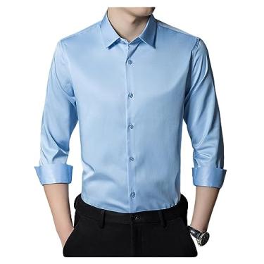 Imagem de Camisa social masculina elástica gola lapela manga longa camisa formal seda não passar a ferro, Cor 12, 3G