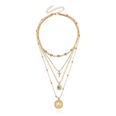 Imagem de ZMANYIJEW Colares de ouro em camadas para mulheres, corrente banhada a ouro, prata, cruz, turquesa, pingente em camadas, espinha de peixe, conjunto de colares gargantilhas com pingente moderno para