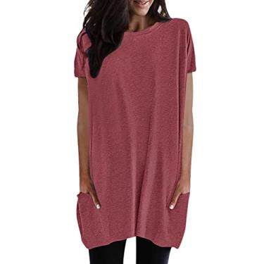 Imagem de Lainuyoah Camisas longas para usar com leggings femininas casuais de verão blusas de manga curta da moda blusa de ajuste solto grande, A - rosa quente, P