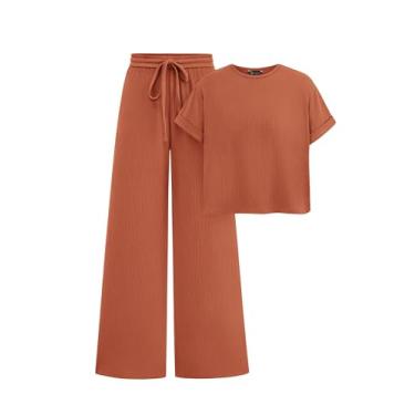 Imagem de PRETTYGARDEN Camiseta feminina de verão de 2 peças de malha de manga curta, calça de perna larga, roupa casual, Vermelho tijolo, G