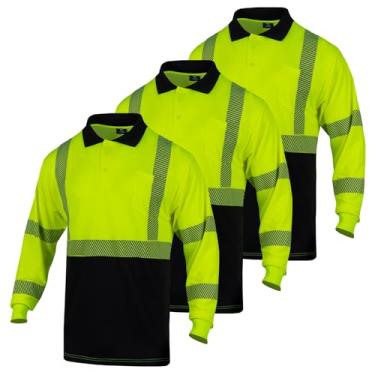 Imagem de VENDACE 3 peças de camisas polo refletivas de manga comprida Hi Vis para homens ANSI Classe 3 camisetas de trabalho de alta visibilidade, Amarelo, GG