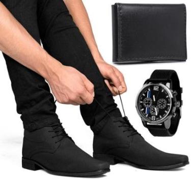 Imagem de Bota Social Masculina Bico Fino Cano Médio Nobuck + Carteira e Relógio-Masculino