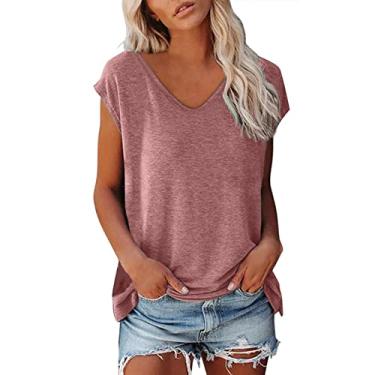 Imagem de Camiseta feminina de algodão com gola V, cor sólida, leve, casual, confortável, para mulheres, rosa, G