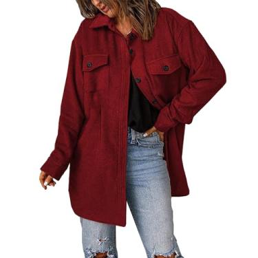Imagem de Shacket Jaqueta feminina casual manga longa lapela abotoada outono 2023 casaco leve sólido, Vermelho, P