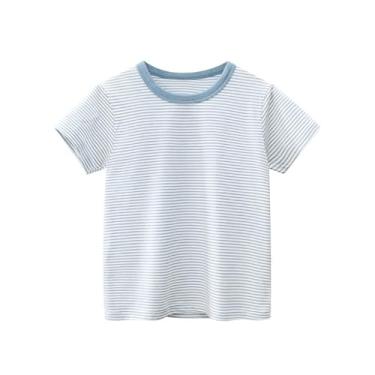 Imagem de Yueary Camiseta básica listrada para bebês meninos, gola redonda, manga curta, cor ativa, contraste, verão, casual, tops, Azul, 120/4-5 Y