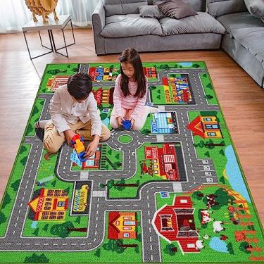 Imagem de Tapete infantil 150 cm x 100 cm, tapete de carro para carros infantis, mapa de estrada da cidade antiderrapante para sala de jogos, quarto, meninos, tapete de brinquedo para crianças (149 x 39,4