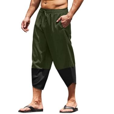 Imagem de Bowake Calça capri masculina de algodão e linho com cordão, pernas largas, capris masculinas, bolso de verão, praia, cintura elástica, E1 verde militar, 4G