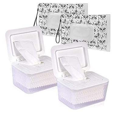 Imagem de Umtiti Dispensador de lenços e lenços de lenço/bolsa de lenço/estojo de lenços com tampa segura de vedação de umidade, pés de borracha antiderrapante e design de vedação mantém lenços frescos, recipiente de lenços à prova de poeira (2 WH+ 2 Panda)