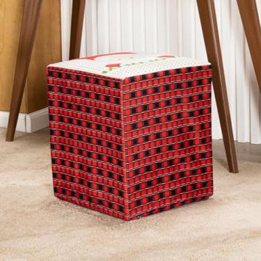 Imagem de Capa de Puff Quadrado Estampada Natalina Avulsa Ajustável com Elástico - Tecido Veludo Suede Decoração Natal Banquinho Luxo Para Sala Quarto Pufe Banco Protetor Banqueta Centro (Papai Noel Xadrez)