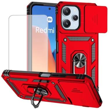 Imagem de Yodueiv Capa para Redmi 12, capa para Redmi Note 12R/Poco M6 Pro com protetor de tela de vidro temperado e capa de câmera deslizante, anel magnético suporte de carro capa protetora para Xiaomi Redmi