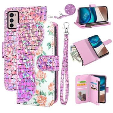 Imagem de Dibosom Capa carteira floral para Moto G42 com alça de pulso, alça de ombro flip com zíper, porta-cartão, suporte de couro PU de luxo com glitter brilhante para celular Moto G42 mulheres meninas rosa