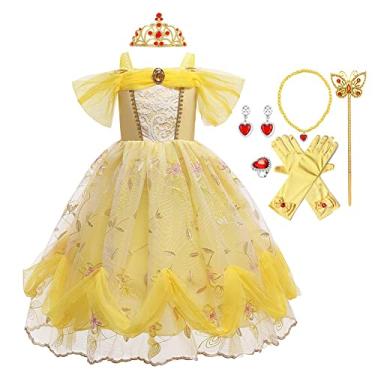 Imagem de HOIZOSG Vestido de princesa Belle para meninas A Bela e a Fera, fantasia de Halloween, Natal, festa de aniversário, vestido de renda com acessórios amarelo 4-5T