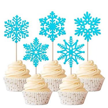 Imagem de Rsstarxi 30 Pack Snowflake Cupcake Toppers Glitter Winter Frozen Theme Snowflake Cupcake Picks for Baby Shower Kids Birthday Christmas Party Cake Decorations Supplies Blue