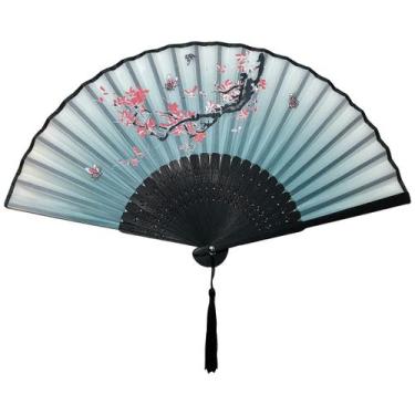 Imagem de Leque de Mão Japonês Bambu Madeira Tecido - Galleria 77, Verde Água Sa