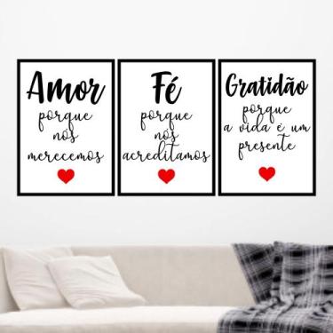 Imagem de Quadros Família Esperança Paz Frase Sala Kit 3 Peças 20x28cm - CAMALEÃ